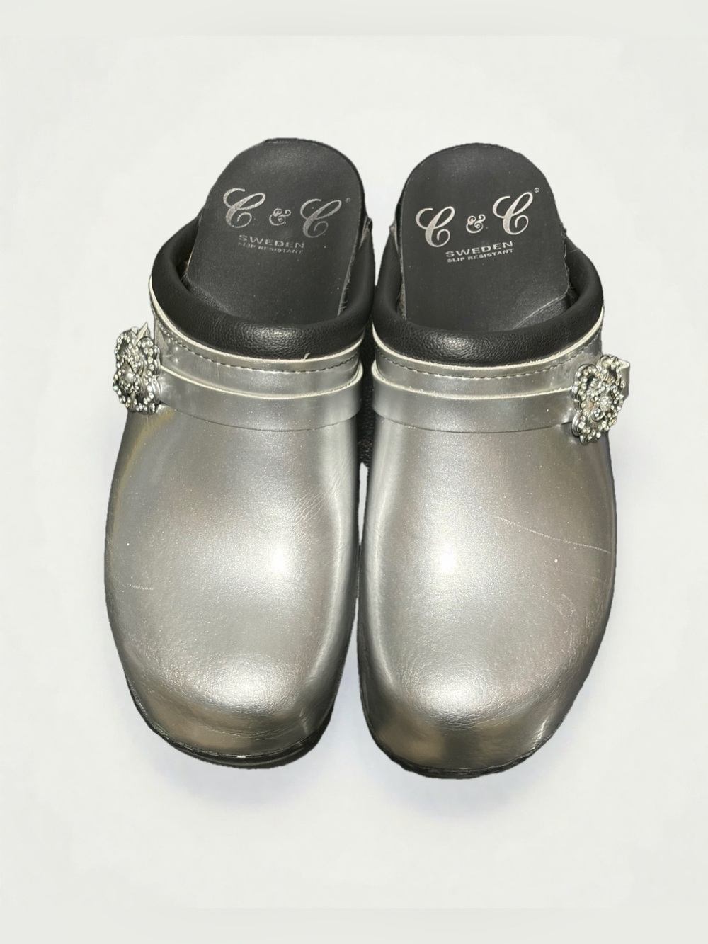 C & C Sweden Silver Slip-On Clog with Decorative Buckle